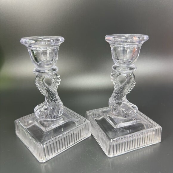 Imperial Glass Clear Dolphin Koi Fish Candlestick Candle Holder Set 2 Votive VTG - Picture 11 of 11